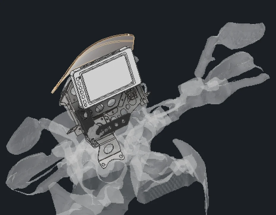 CAD model showing the tower and tablet relative to the motorcycle handlebars