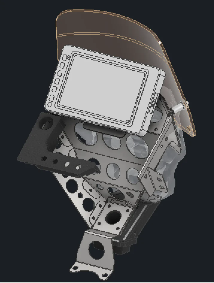 CAD view of the C1 tower showing the formed metal structure, screen, dash panel and tablet arrangement